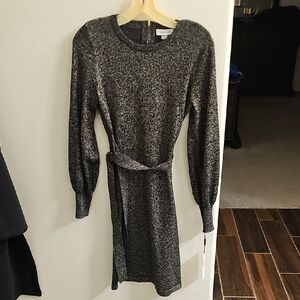 Calvin Klein Black Ribbed Bishop Sleeve Cocktail Dress